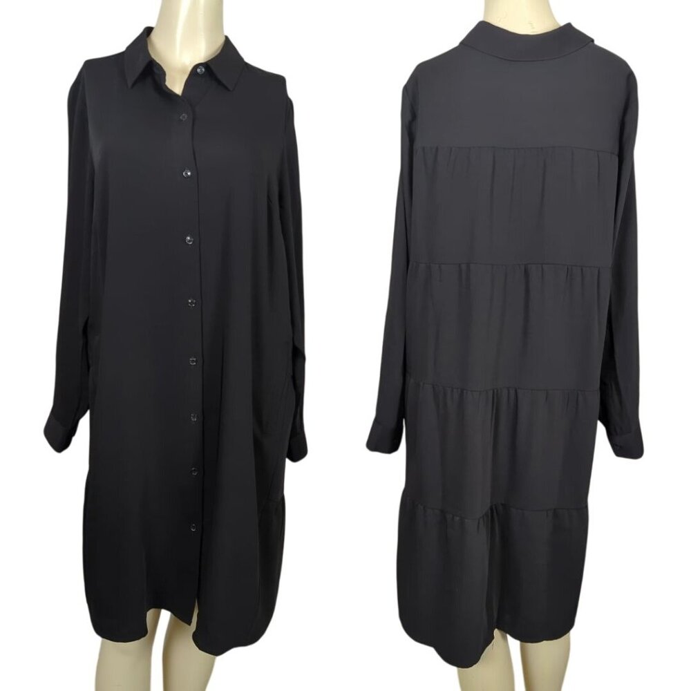 J. Jill Wearever Collection Black Shirt Dress M Button Front Ruffle Tiered Back